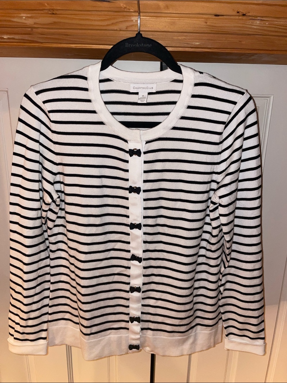Charter Club Black and White Striped Button-Front Cardigan - Picture 3 of 6